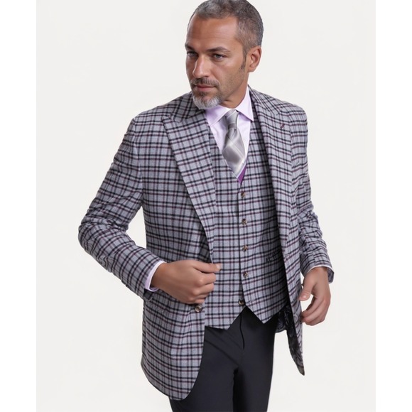 Montee Holland‎ Plaid Blazer Mens 42S Grey Burgundy Sport Coat Two Button NWT - Picture 1 of 13
